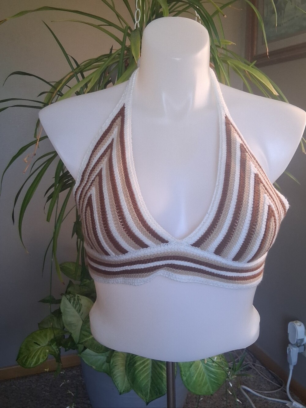 Bohemian Crocheted Earth Tones Halter Top Tie Back Festival Y2k Neutral Stripes